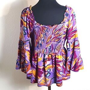Terra & Sky Colorful Top Purple Orange Print Shirred Elastic, Size 1X, 16W-18W